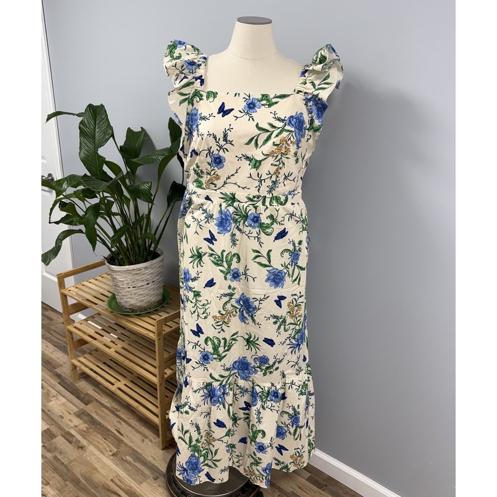NWOT London Times Maxi Dress Plus 16W Cream & Blue Floral Butterfly Garden - Picture 2 of 14